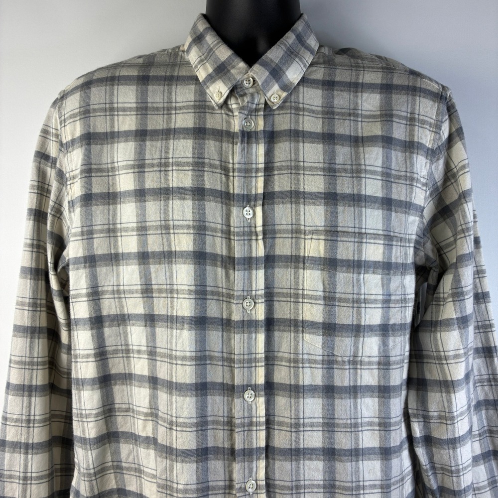 Billy Reid Men's Slim Fit Plaid Button Down Shirt Grey Cream Cotton Wool Large - Picture 6 of 16